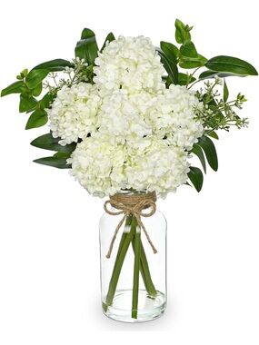 NIB Hollyone White Hydrangea Faux Floral in Vase, Clear Glass, Silk Flowers
